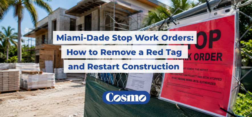 Miami-Dade construction site with a red stop work order notice on a temporary fence and a partially completed modern home in the background.