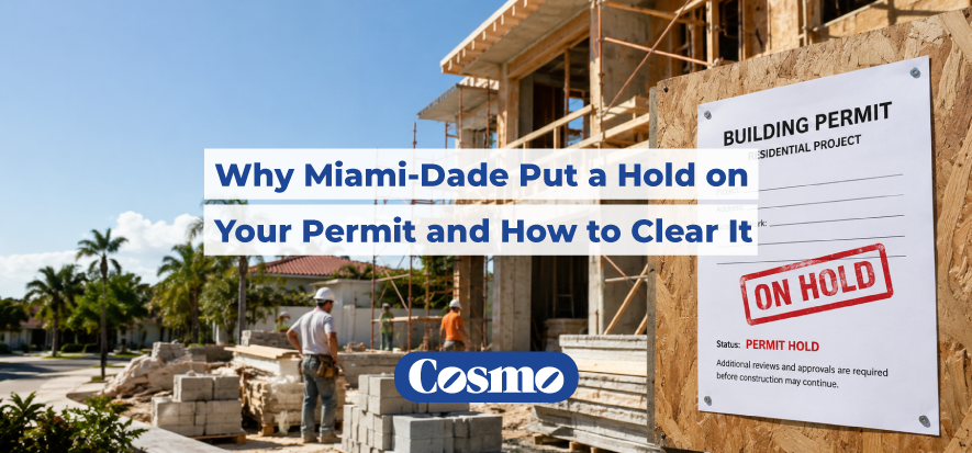 Miami-Dade building permit marked “On Hold” at a South Florida residential construction site.