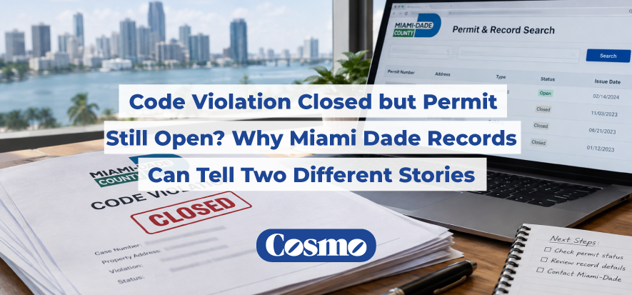 Miami-Dade code violation marked closed beside a laptop showing an open permit record search.