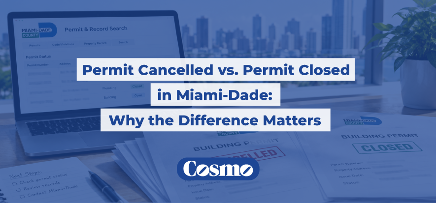 Miami-Dade permit records showing cancelled, closed, and open permit statuses on a laptop beside building permit documents.