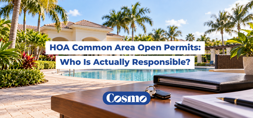 South Florida HOA clubhouse and pool with property records and keys