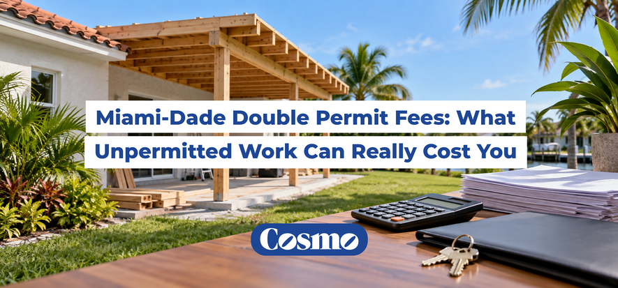 Unfinished patio at a Miami-Dade home with a calculator and property paperwork