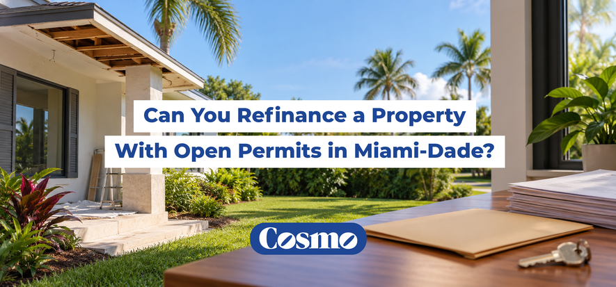 Miami-Dade home with unfinished porch work beside mortgage paperwork and house keys